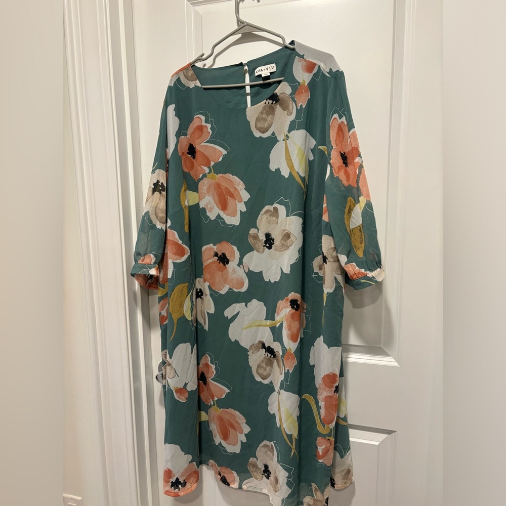 Ava & Viv Teal Floral Long Sleeve Shift Dress with Peach, White & Yellow
